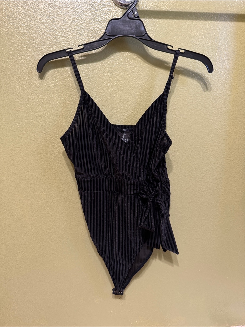 Forever 21 Black Striped Velvet Wrap-Detail Bodysuit